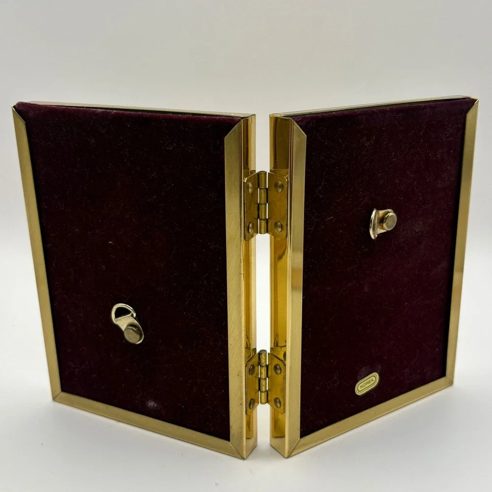 Vintage Brass Double Picture Frame Gold BiFold Hinged Tabletop Boho Photo Decor